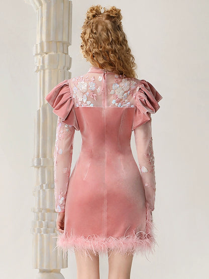 CHECOCRE Elegant Collar Beads Feather Stitched Hip Pink Short Dress - AMOS