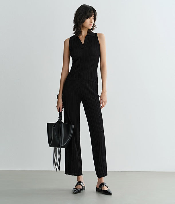 COMME MOI Lv Yan designer summer women's black thin texture knitted straight pants - AYLA.