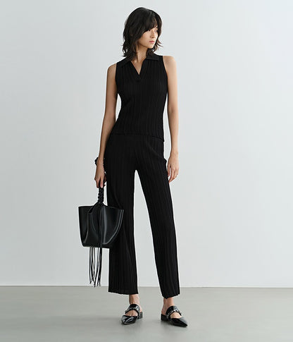 COMME MOI Lv Yan designer summer women's black thin texture knitted straight pants - AYLA.