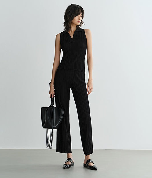 COMME MOI Lv Yan designer summer women's black thin texture knitted straight pants - AYLA.