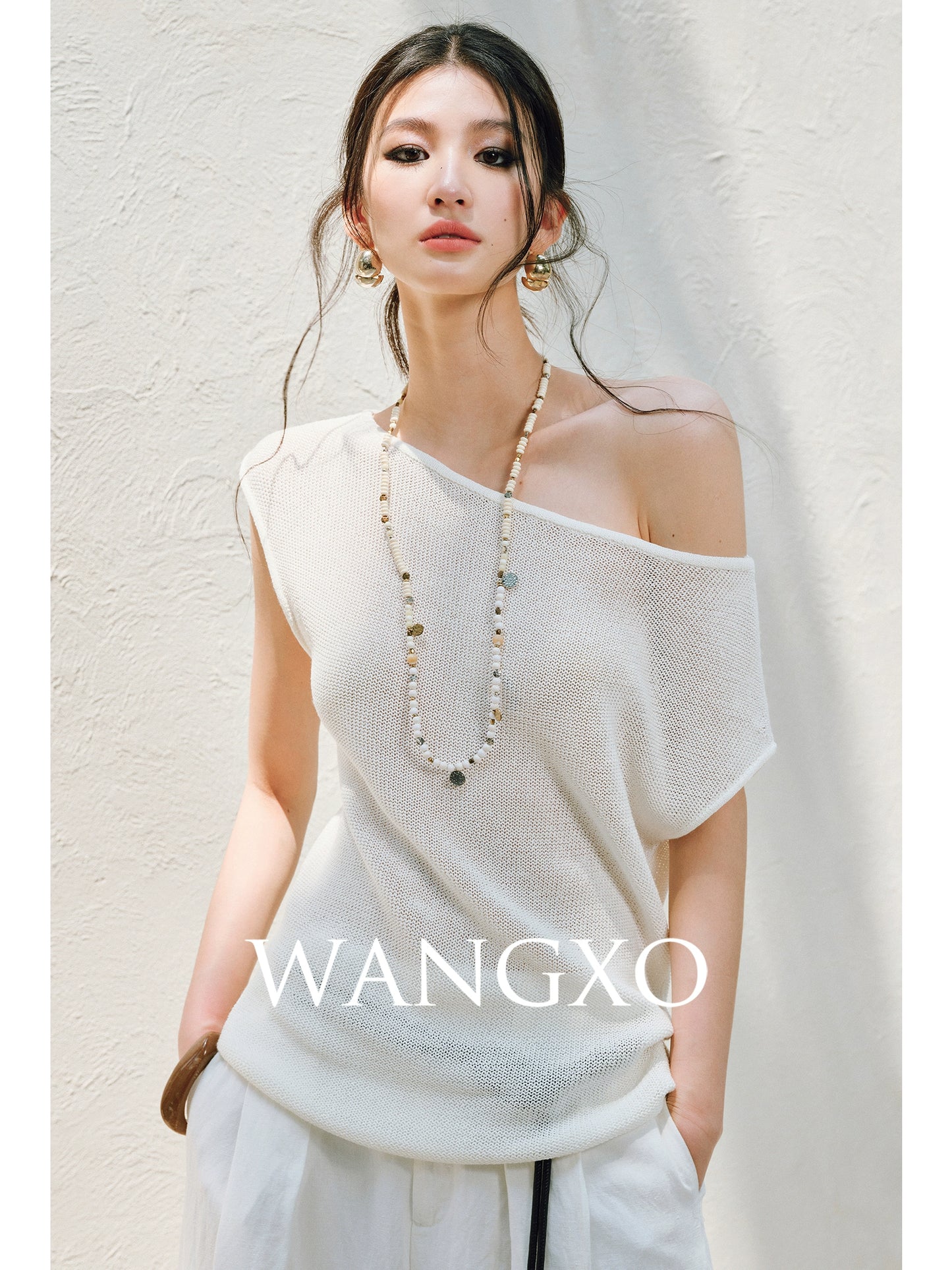 WANGXO |Linen Delicate Knit Slant Shoulder Top & Tailored Straight Pants with Airy Elegance Suit Set -RAYA