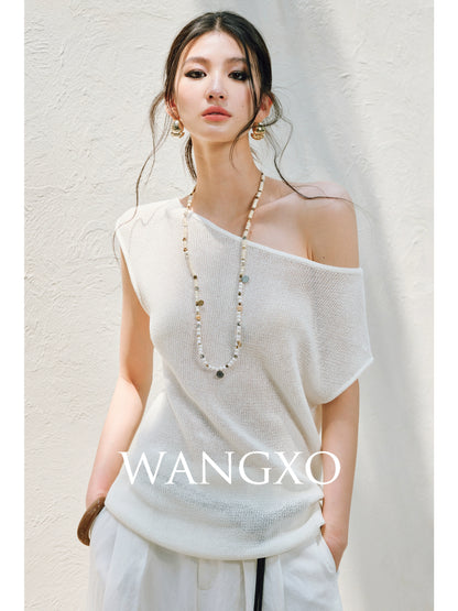 WANGXO |Linen Delicate Knit Slant Shoulder Top & Tailored Straight Pants with Airy Elegance Suit Set -RAYA