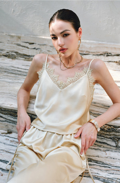 WANGXO | Hemp-Textured Acetate Satin  ight Luxury Lace Suspender, Shirt & Trousers Three-Piece Set- SARI