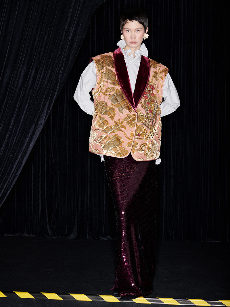 M essential Mackay designer embroidered quilted cotton gilet sequin long skirt-  lily of the valley