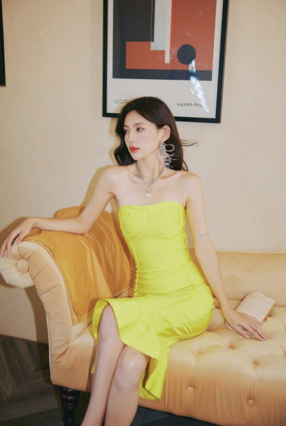 DOLLY Elegant Yellow Off Shoulder Tube Top Slim Fit Knitted Fish Tail Dress-PONA