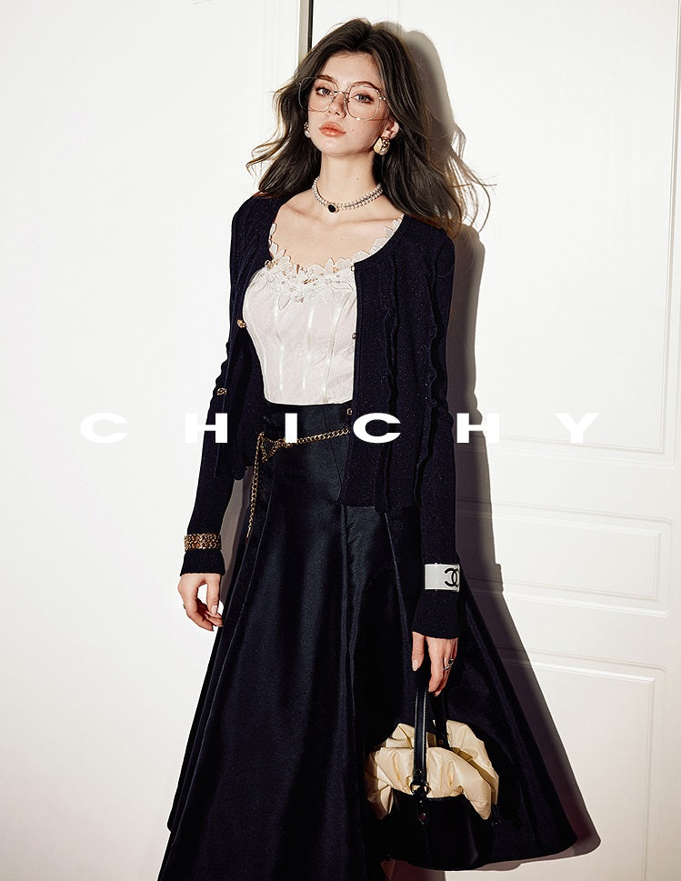 CHICHY French Hepburn style black A-line high-waisted long skirt-ROAN