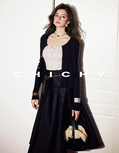 CHICHY French Hepburn style black A-line high-waisted long skirt-ROAN