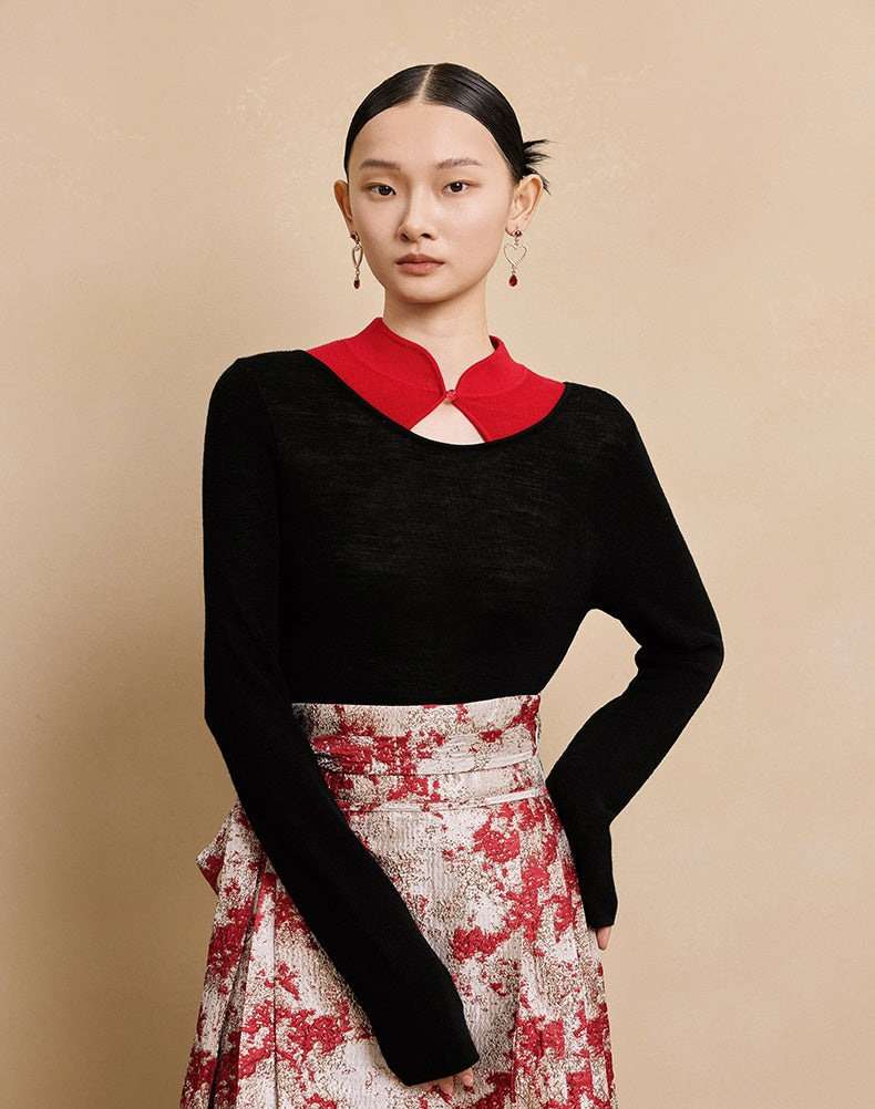 HECO 100% wool knit  black SWEATER hollow long sleeves spring - BRAY.