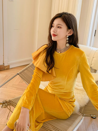 DOLLY Elegant Velvet Crew Neck Long Sleeve Ruffle Long Banquet Dress-PELKA