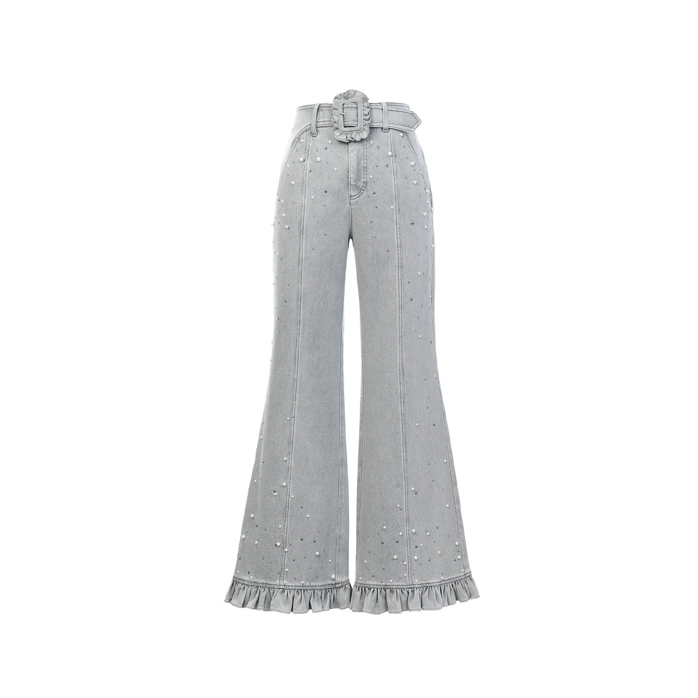 FAME beaded ruffled wide-leg denim trousers - ZOEY