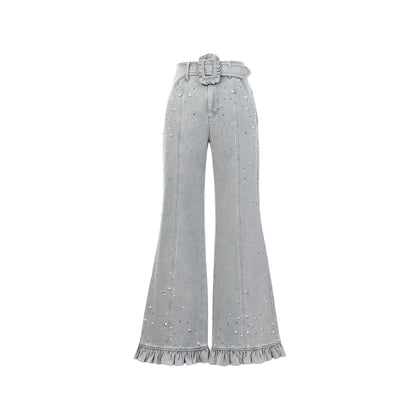 FAME beaded ruffled wide-leg denim trousers - ZOEY