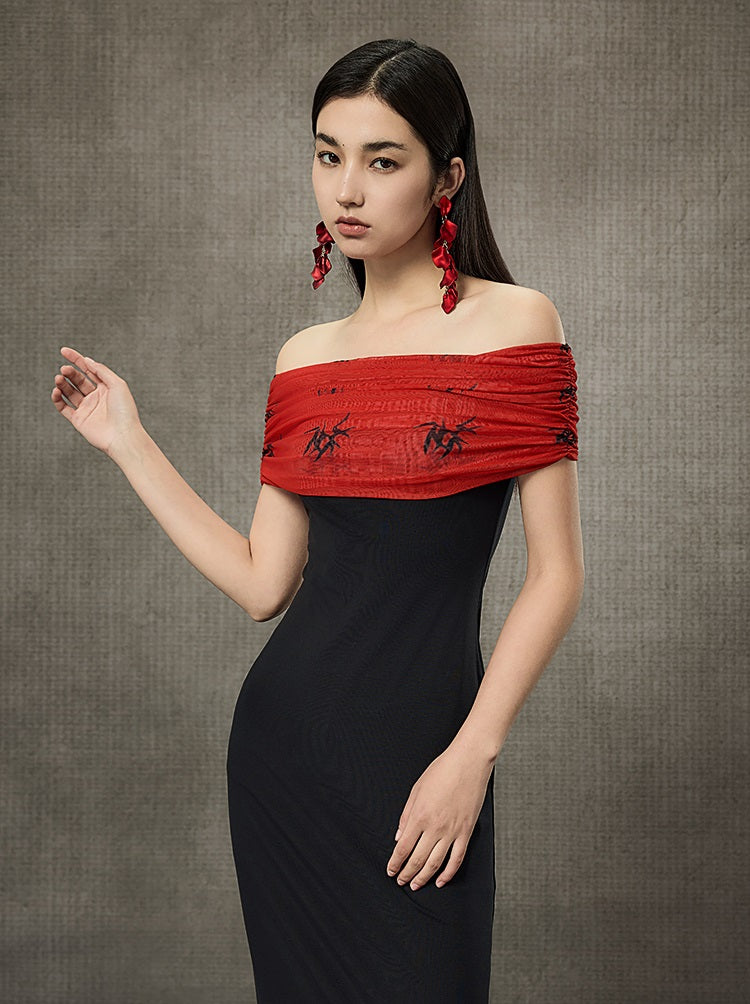 HECO Pleated One-Shoulder Bardot Temperament Midi Dress  - BELIEVE.