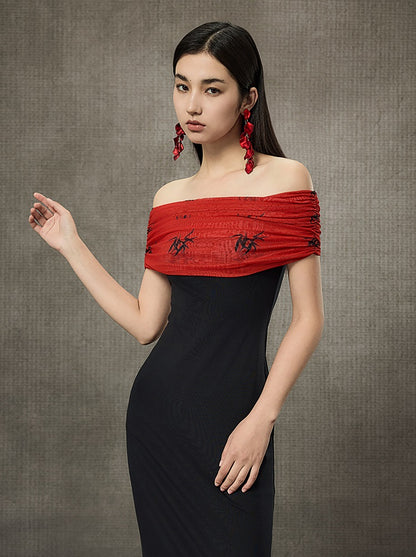 HECO Pleated One-Shoulder Bardot Temperament Midi Dress  - BELIEVE.