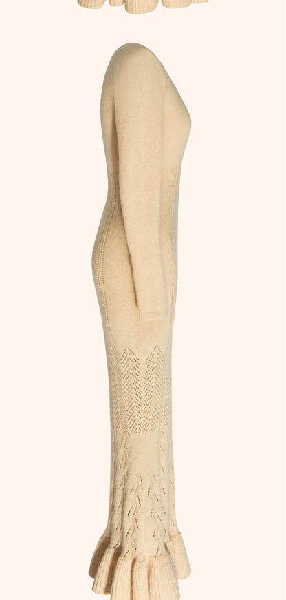 Magic Q beige V-neck cutout versatile slim fishtail knit autumn winter dress - Avra