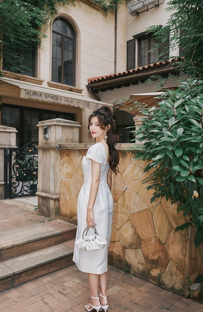 DOLLY Luxury French Style Square Collar Short Puff Sleeves Flower Bud Midi Dress-SARAH