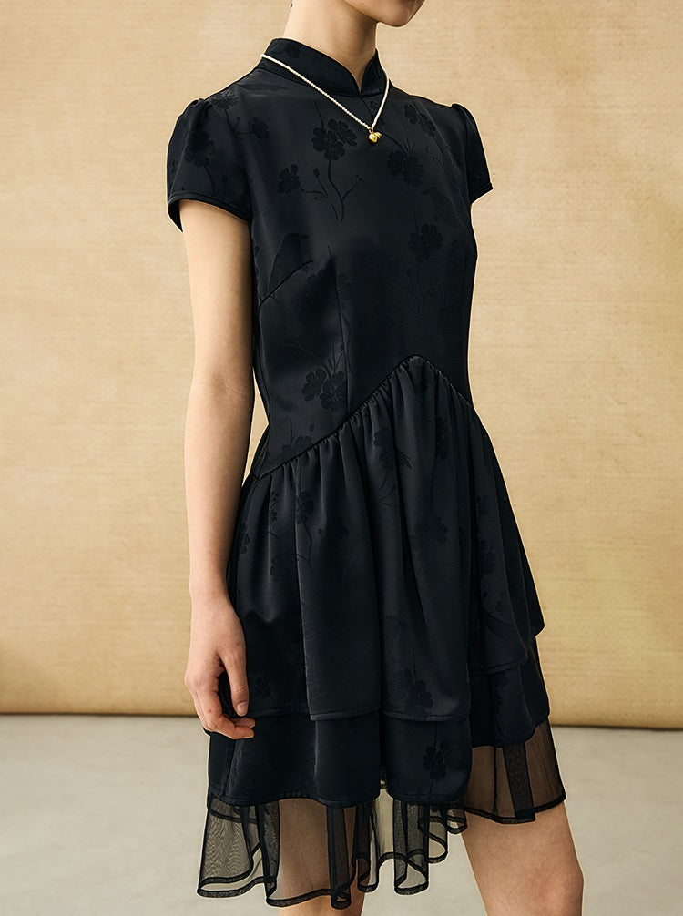 HECO Acetate Jacquard Midi Tiered Cap Sleeves Dress - HEART.