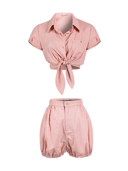 Le Palais Vintage  Gold Cotton Linen Pink Puff Sleeve Shirt + Shorts-ASA.