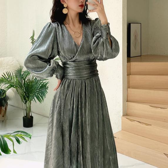 DOLLY Elegant Peach V-Neck Long Puff Sleeve High Waist Long Flowing Guest Dress-BESTY