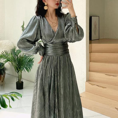 DOLLY Elegant Peach V-Neck Long Puff Sleeve High Waist Long Flowing Guest Dress-BESTY