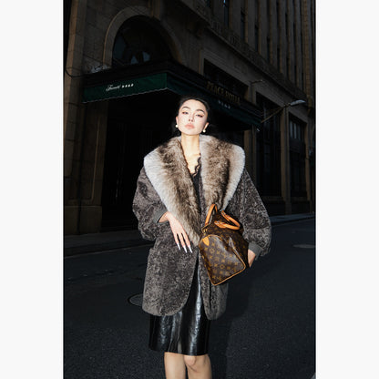 MEI SANGUAN gray fur collar cocoon-type mid-length jacket - SOFIA