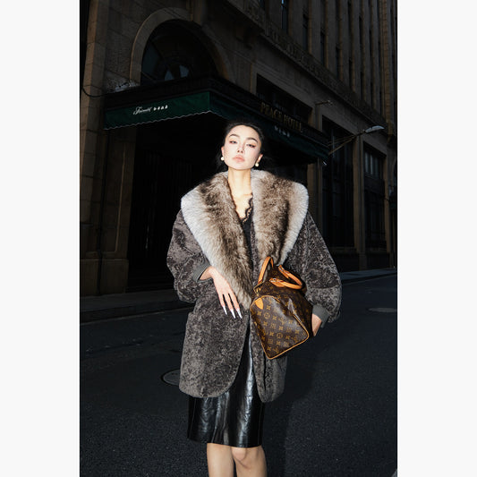 MEI SANGUAN gray fur collar cocoon-type mid-length jacket - SOFIA