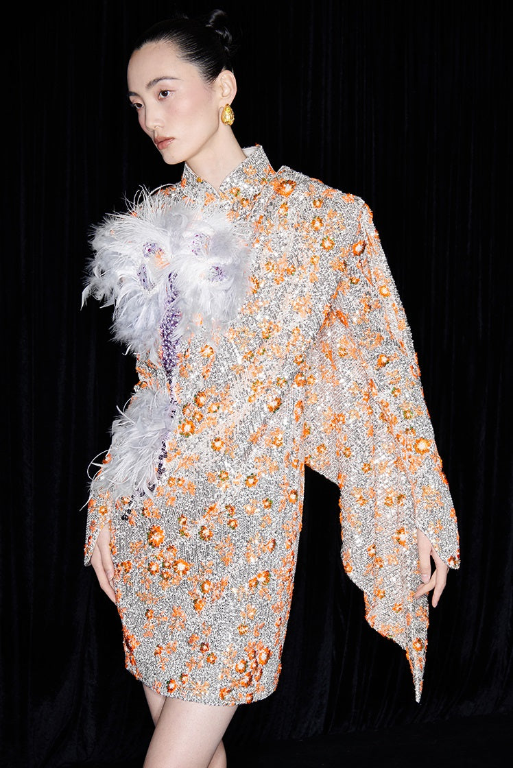 M essential Mackay designer vermilion embroidery iris ostrich feather bead dress - GINA.