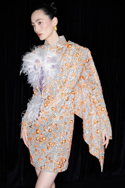 M essential Mackay designer vermilion embroidery iris ostrich feather bead dress - GINA.