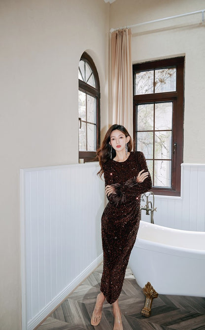 DOLLY Elegant Retro Style Crew Neck Long Sleeve Sequin Long Banquet Dress-TANIA