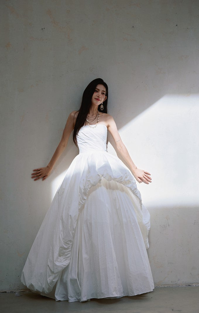 DOLLY Elegant White Tube Top Long Puffy High Waist Wedding Dress-GRACE  (V)