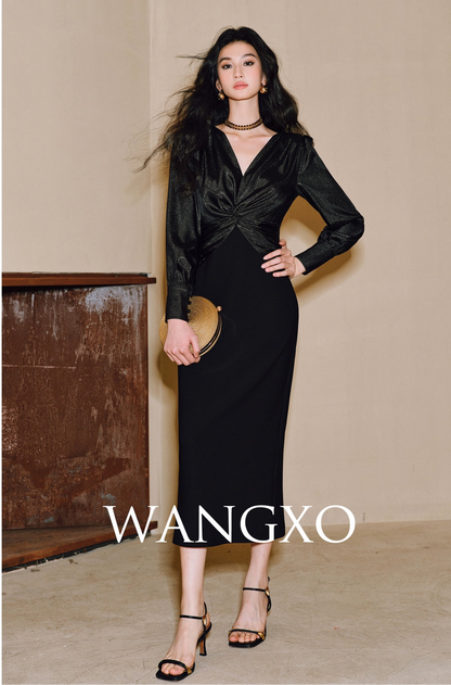 WANGXO | Wrinkled Bright Silk Satin Hemp V-Neck Twisted Waist Slim Dress -ZAYA.