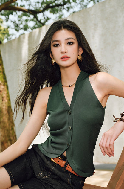 WANGXO |Vertical-Cut Acetate Double-Sided Threaded Halterneck Knitted Top -VELA