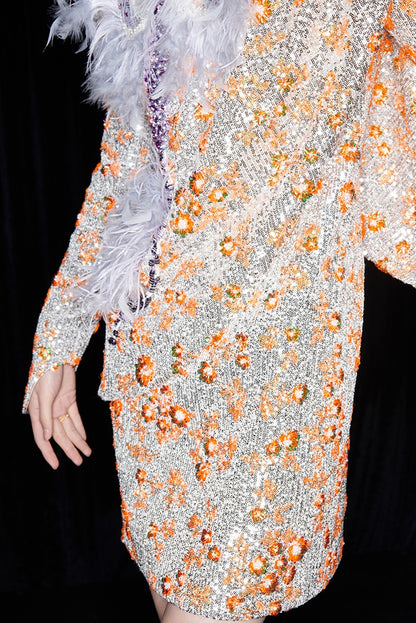 M essential Mackay designer vermilion embroidery iris ostrich feather bead dress - GINA.