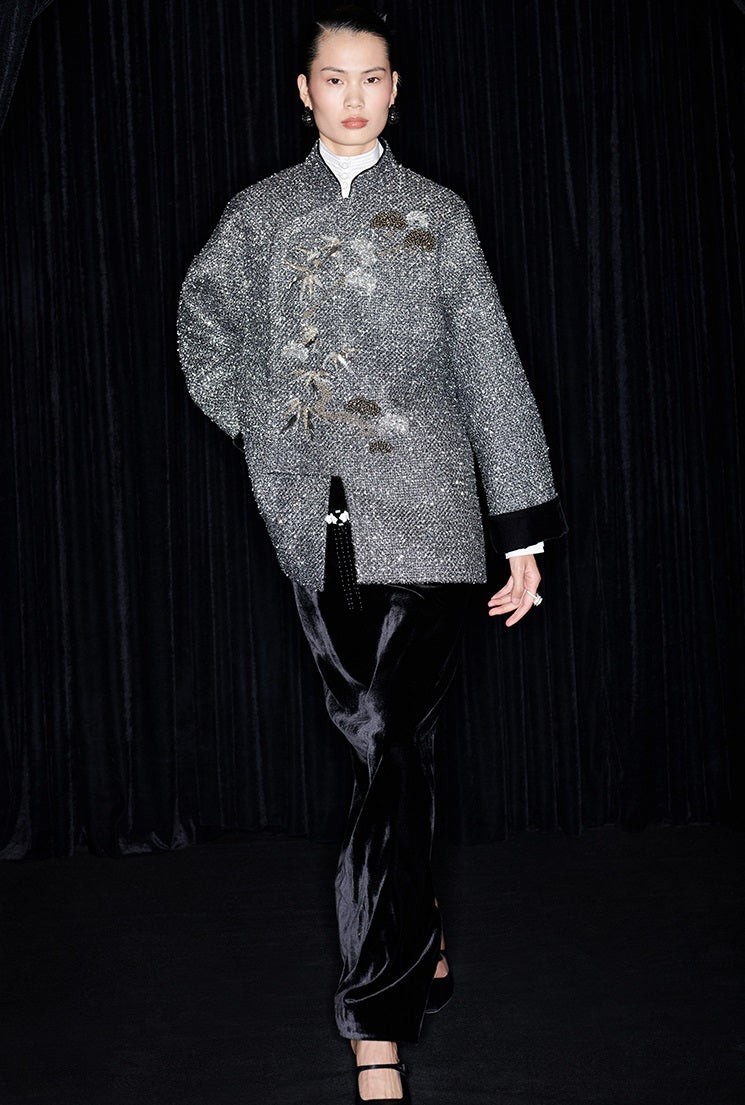 M essential Mackay designer cedar beaded jacket  elegant black velvet skirt- abel.