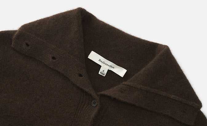 ZHUCHONGYUN Dark brown slim lapel collar knit top-SPIFF.