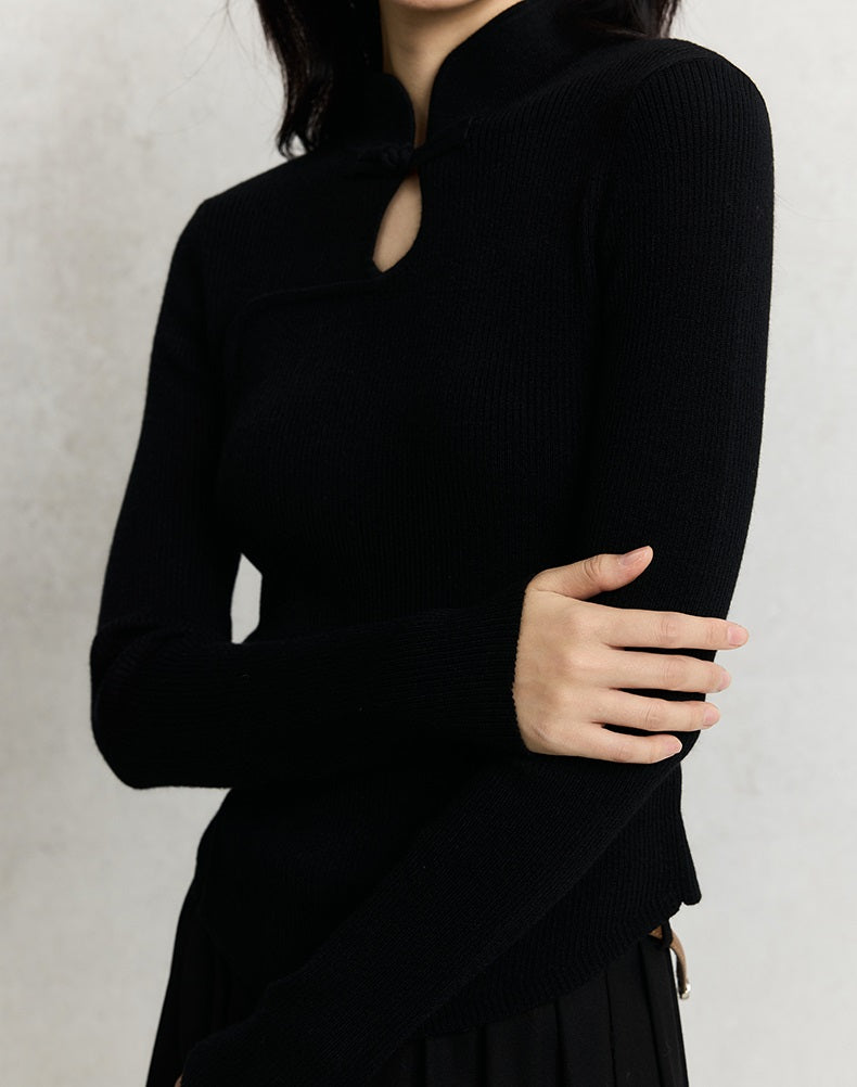 HECO Cheongsam Collar Hollow Buckle red black apricot Knitwear Slim Bottom - whom.