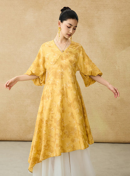 HECO Chinese V-Neck Waist Summer Elegant Floral Stitched Mesh dress - TULIP .