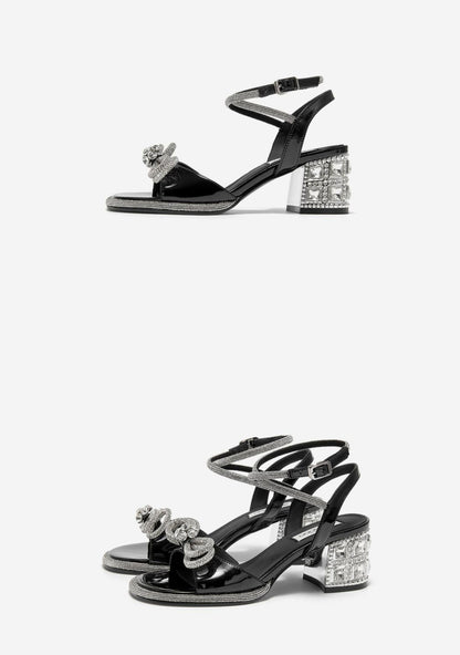 SHOESZOOO Straight Line Rhinestone Thick Heeled Sandals with Bow - GRIT.