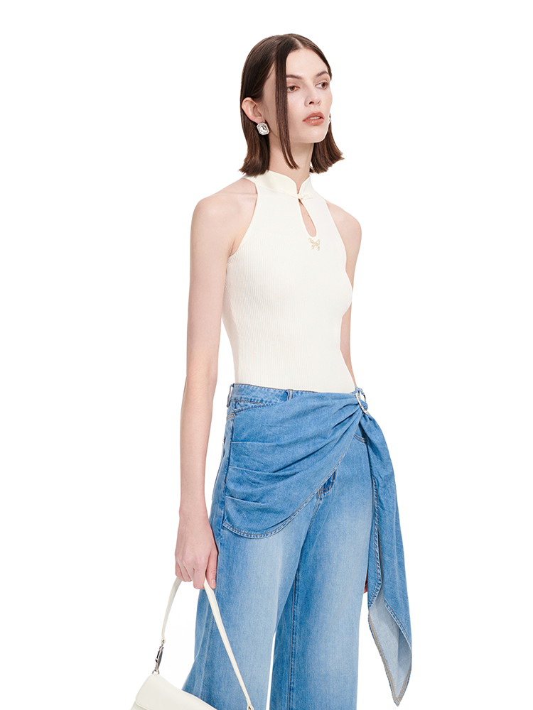 YES BY YESIR Ye Qians Chinese Halterneck Shaved Shoulder Knitwear -ANASTELLE.