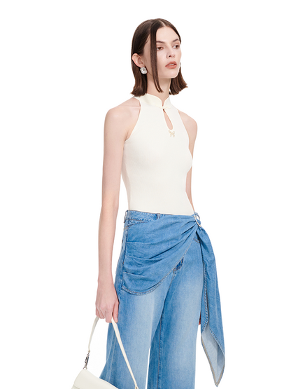 YES BY YESIR Ye Qians Chinese Halterneck Shaved Shoulder Knitwear -ANASTELLE.