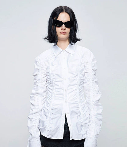 ANNAKIKI white deconstructed split pleated long sleeve shirt for women-SATURN