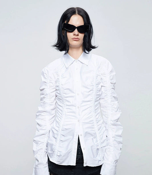 ANNAKIKI white deconstructed split pleated long sleeve shirt for women-SATURN