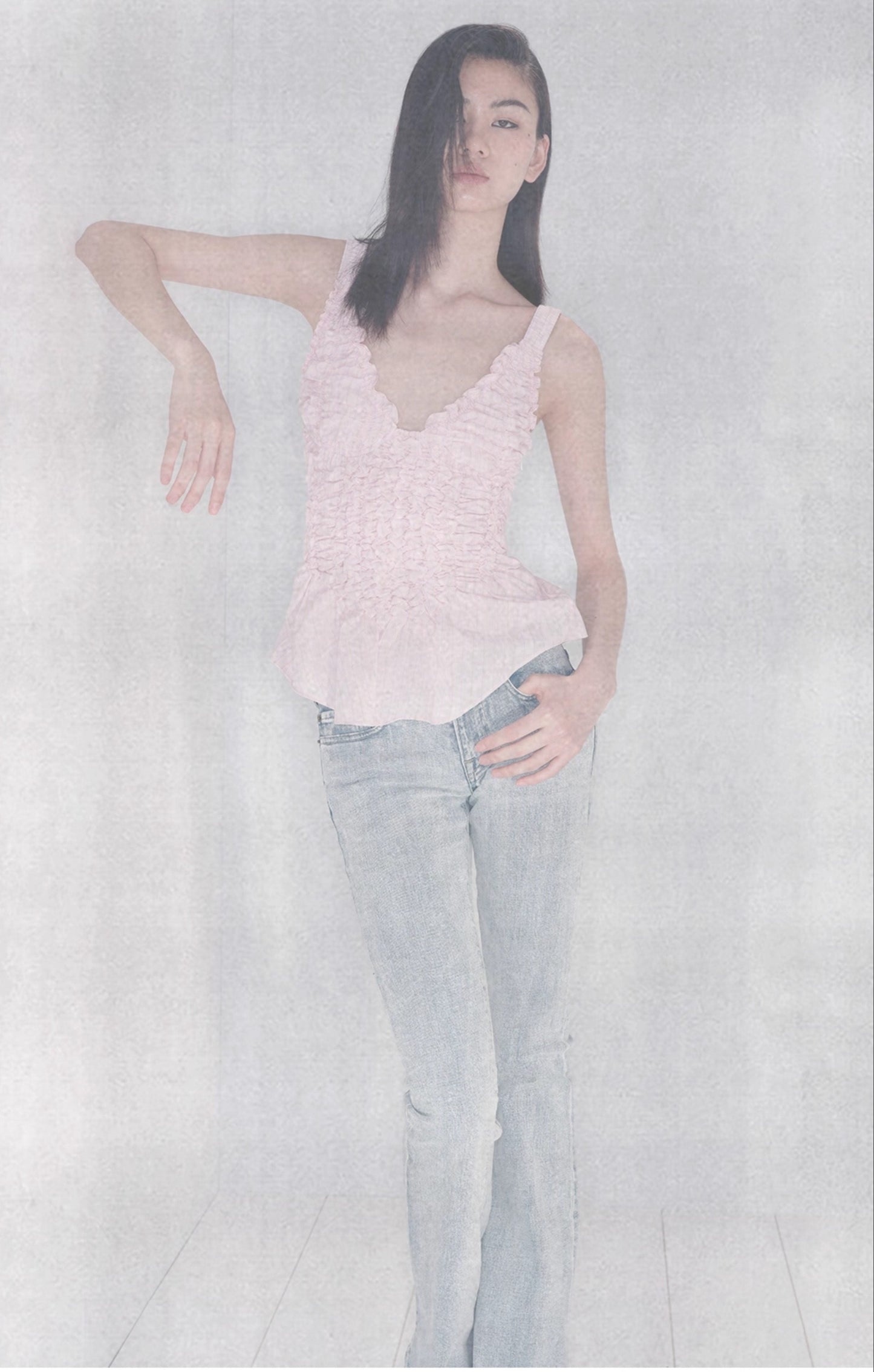SHOWROOMPLUS Sweet Suspender Temperament V-Neck Pleated Sleeveless Top-RODRI '