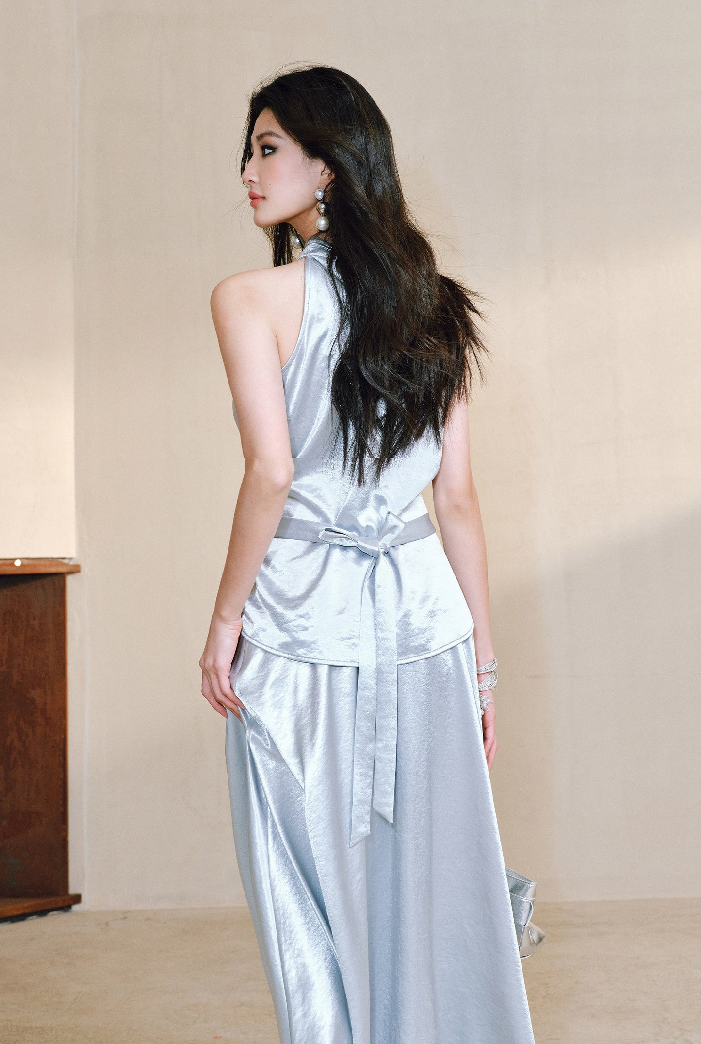 WANGXO | Pearl Lustrous Luxury Gilt Satin  Halterneck Folded Waist Top & High-Waisted Umbrella Skirt Set - ARIA