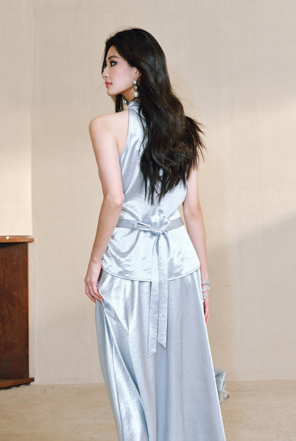 WANGXO | Pearl Lustrous Luxury Gilt Satin  Halterneck Folded Waist Top & High-Waisted Umbrella Skirt Set - ARIA