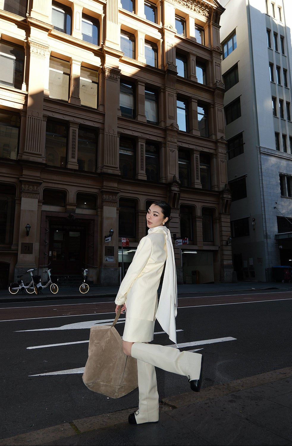 MEI SANGUAN Classic Beige Shoulder-Pad Blazer & Straight Midi Skirt Set- ANDER