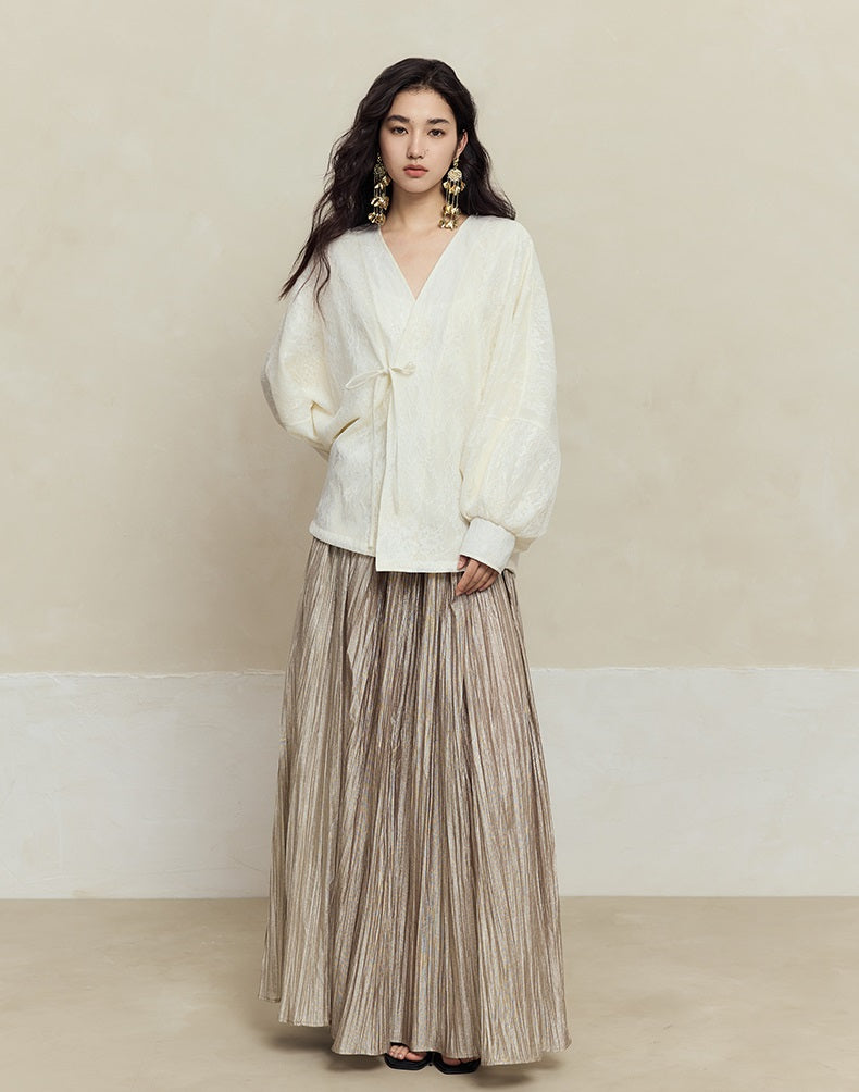 HECO striped texture swing high waist black green women's long skirt - muse.