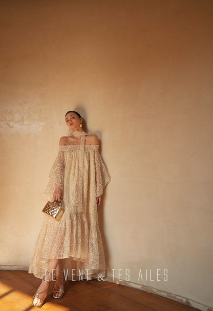 LE VENT&TES AILES Luxury off-Shoulder Lace Jacquard 3d Detailing white Dress- ZORA