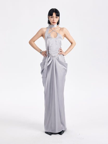 TINY IN satin irregular slip sleeveless hip pleated long dress -KING