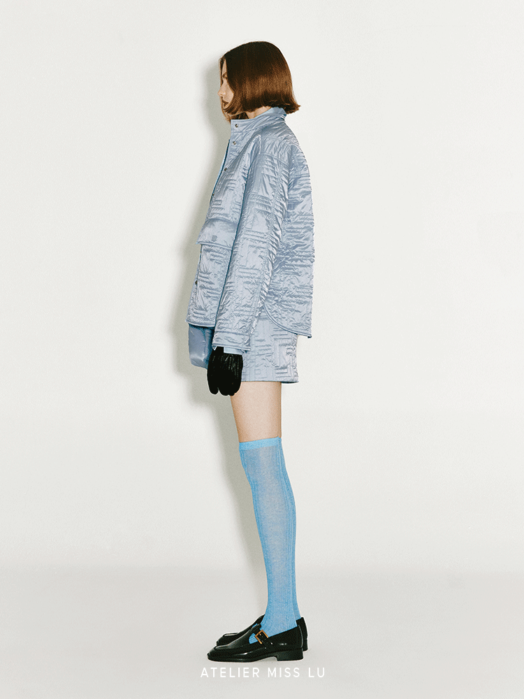 ATELIER MISS LU Fall/Winter Glacier Blue Quilted Cotton Straight Skirt - GILDA.
