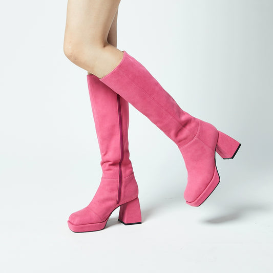 B-FEI platform thick square heel leather high boots-KARDA.
